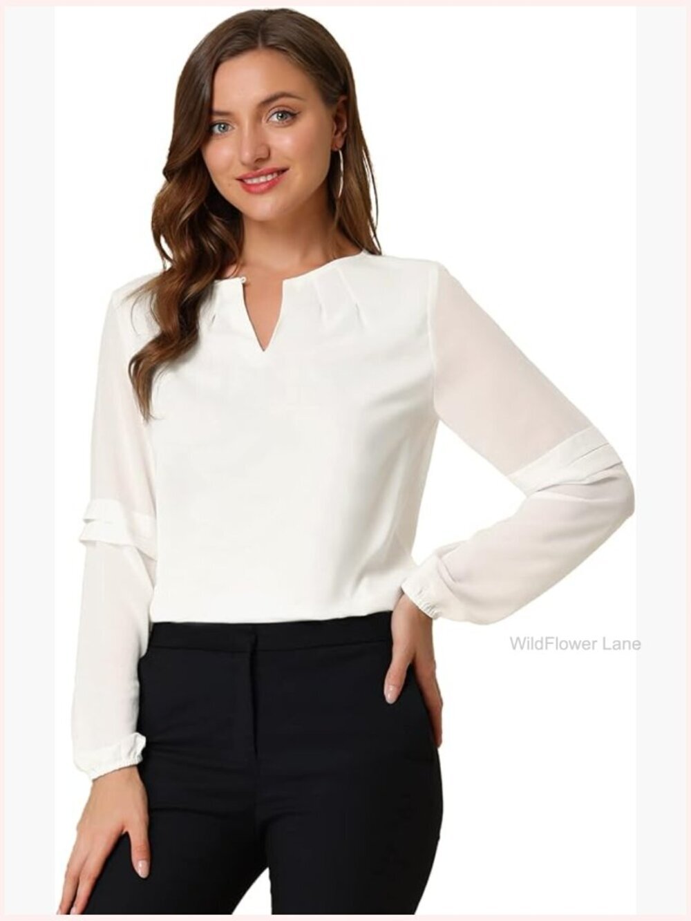 Womens Long Sleeve Keyhole Neck Blouse Work Business Casual Top
